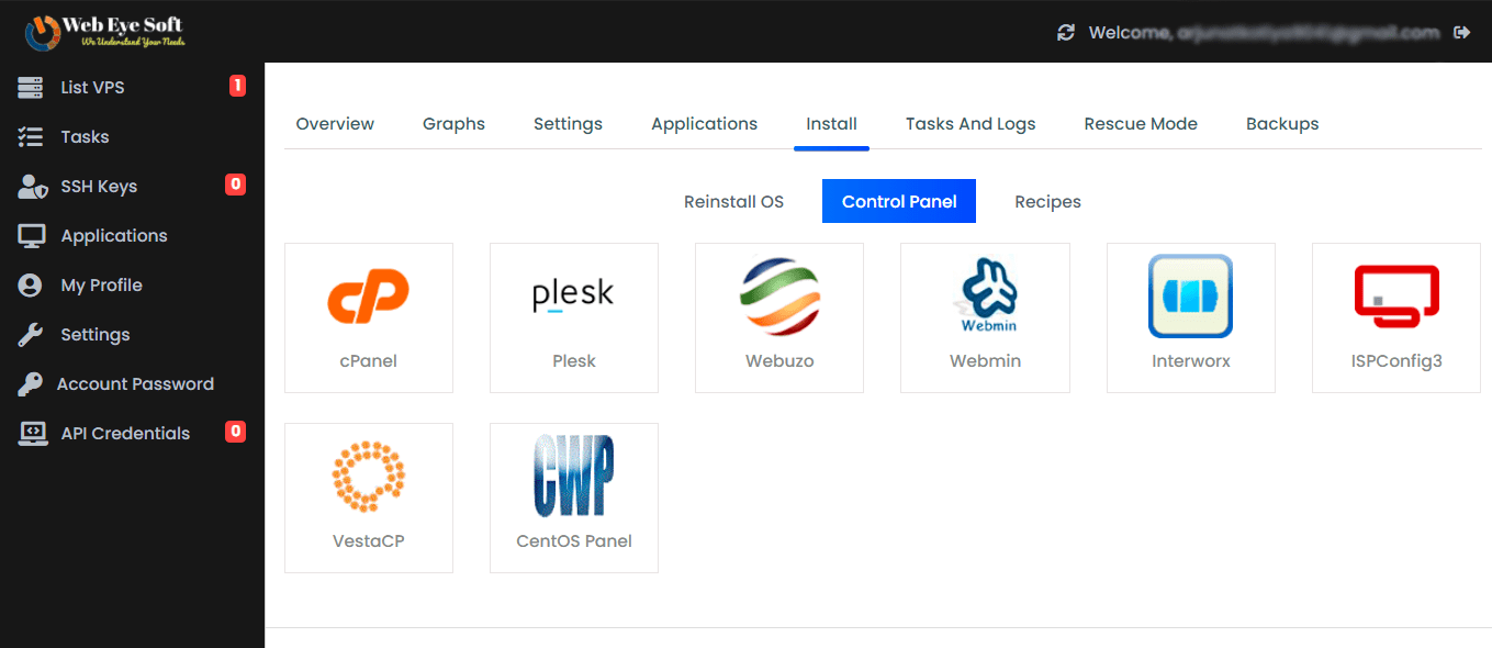 control panel install from VPS panel 