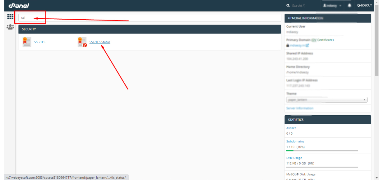 search SSL on cPanel Search bar 